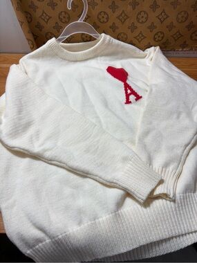 Ami Cream Crewneck Sweater with Red Heart & A Motif